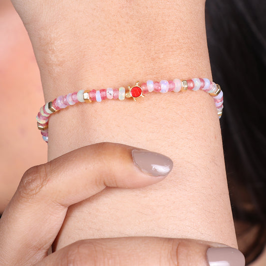 Pink Quartz White Opal Turtle charm stretch bracelet with red enamel in gold plated 925 sterling silver