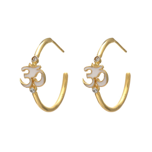 Spiritual OM hoop earrings in gold plated 925 sterling silver with White enamel
