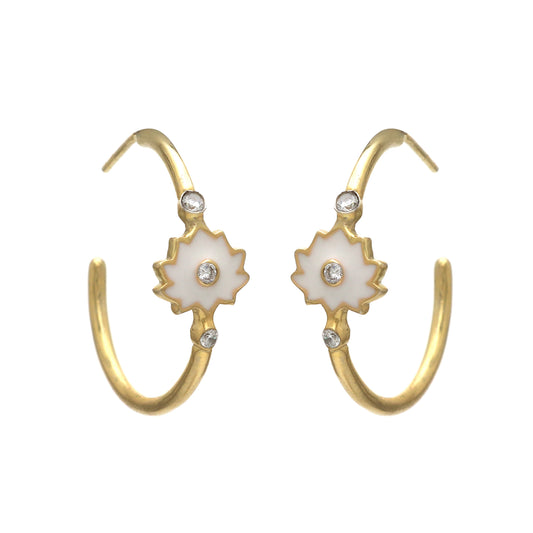 White enamel lotus hoop earrings in gold plated 925 sterling silver