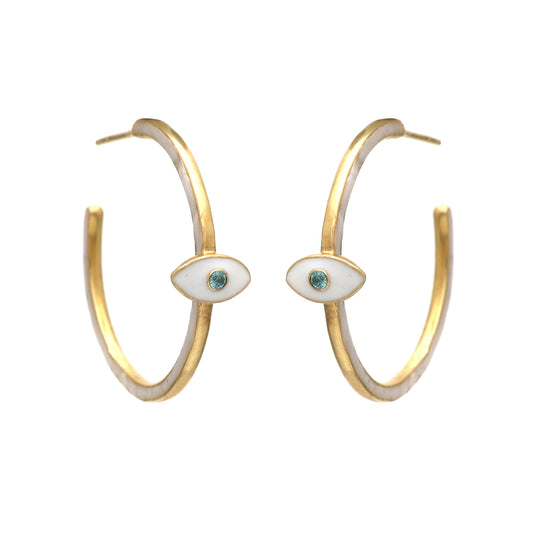Evil Eye white enamel hoop earrings in gold plated 925 sterling silver with blue topaz gemstone
