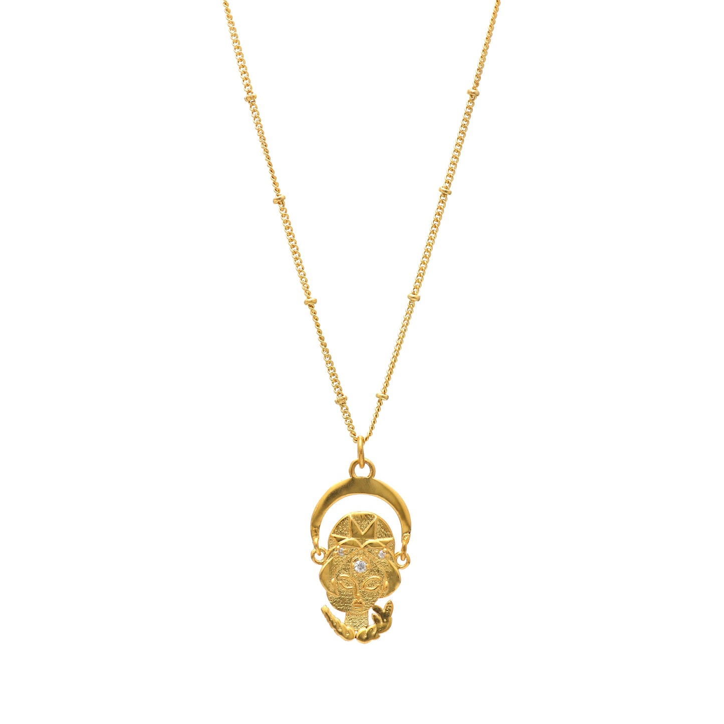Virgo Zodiac Sign chain necklace with the Virgin Maiden Symbol charm and Zircon Stones in 22k gold plated 925 sterling silver
