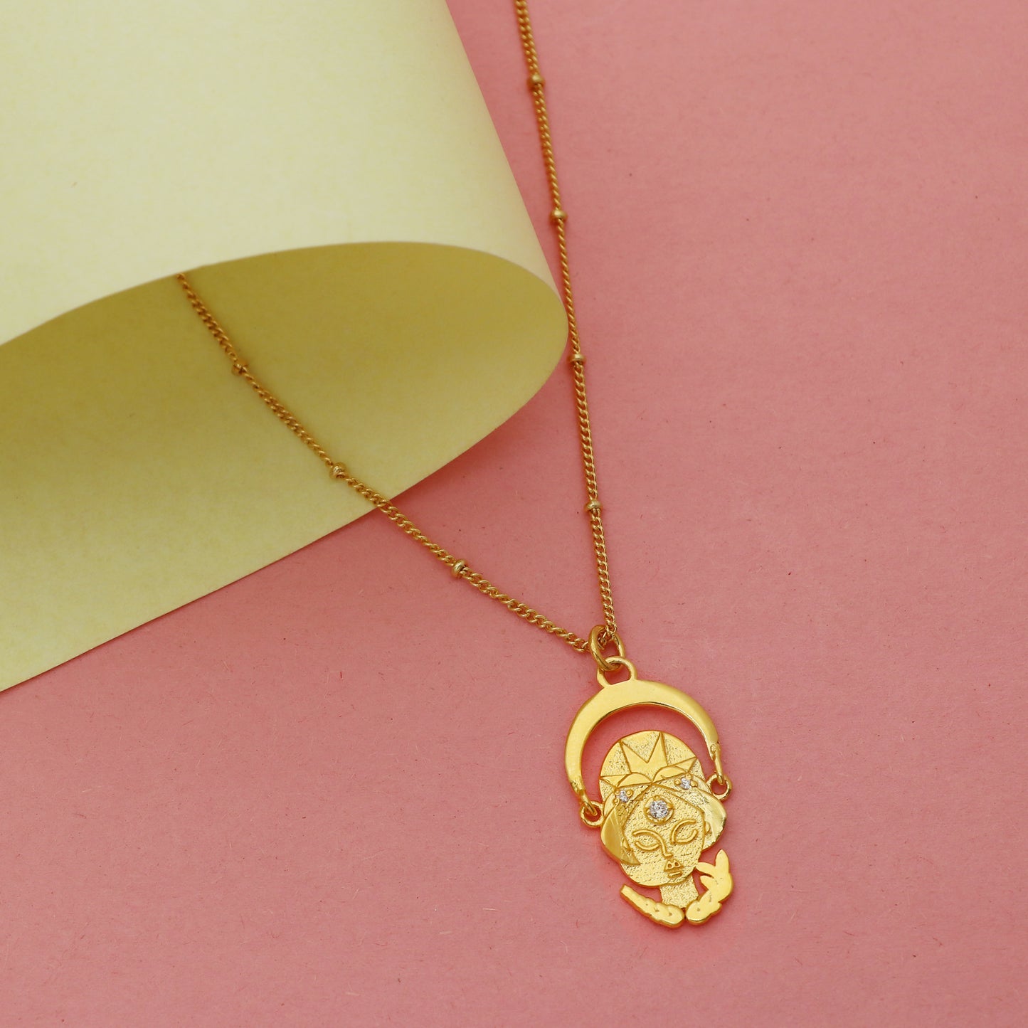 Virgo Zodiac Sign chain necklace with the Virgin Maiden Symbol charm and Zircon Stones in 22k gold plated 925 sterling silver