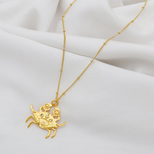 Cancer Zodiac Sign chain necklace with Crab Symbol charm and Zircon Stones in 22k gold plated 925 sterling silver