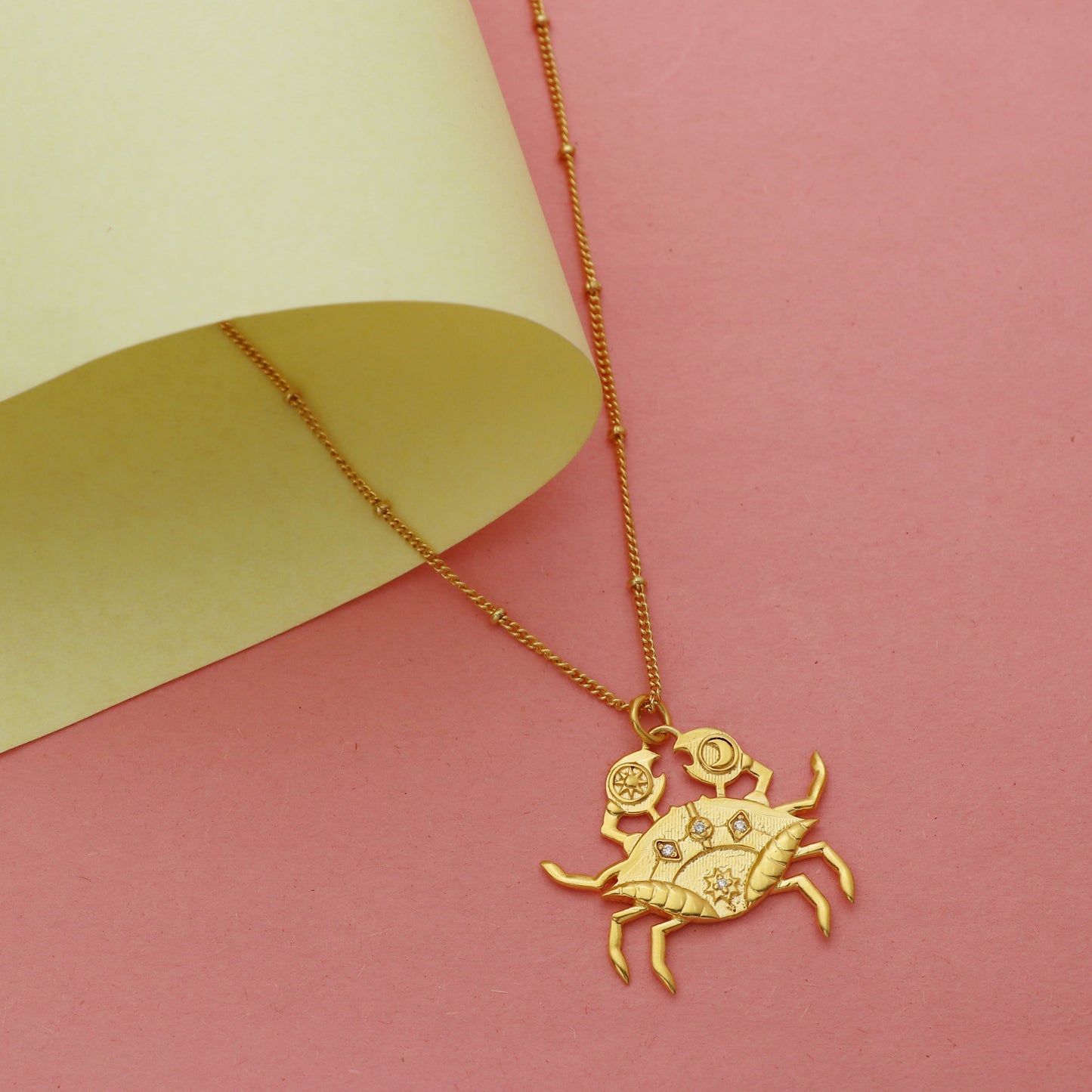 Cancer Zodiac Sign chain necklace with Crab Symbol charm and Zircon Stones in 22k gold plated 925 sterling silver