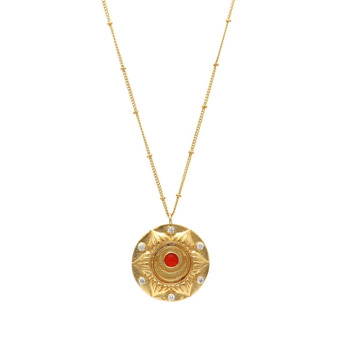 Swadhishthana Sacral Chakra Charm ball chain necklace with Carnelian and zircon gemstone in 22k gold plated 925 sterling silver