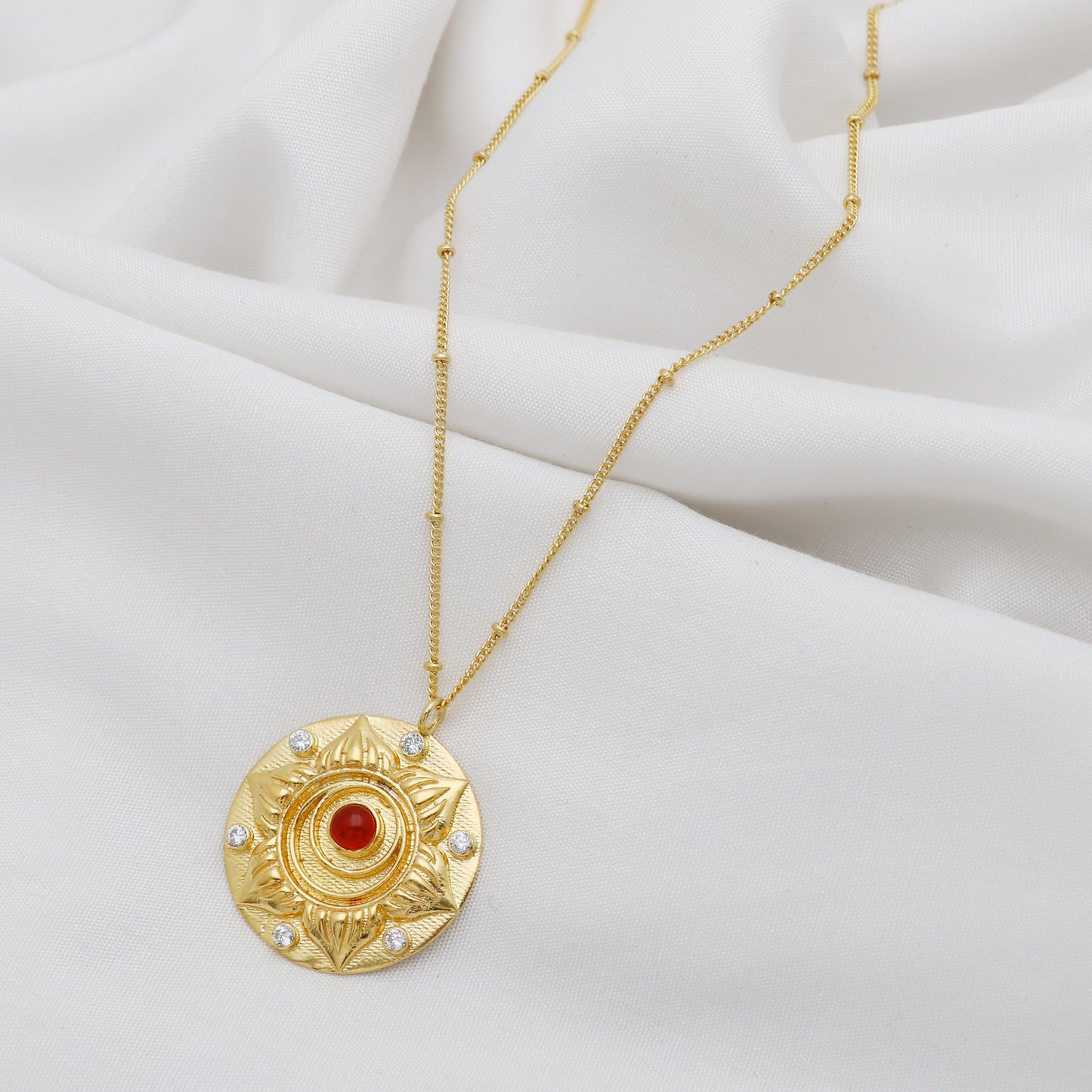 Swadhishthana Sacral Chakra Charm ball chain necklace with Carnelian and zircon gemstone in 22k gold plated 925 sterling silver