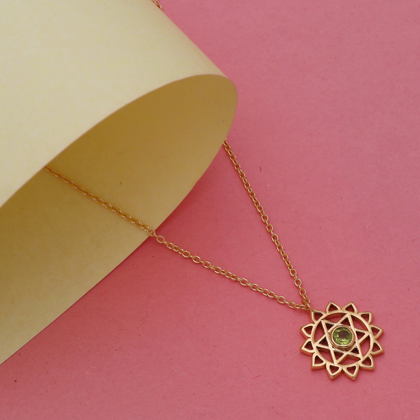 Anahata Heart Chakra Charm necklace with peridot gemstone in 22k gold plated 925 sterling silver