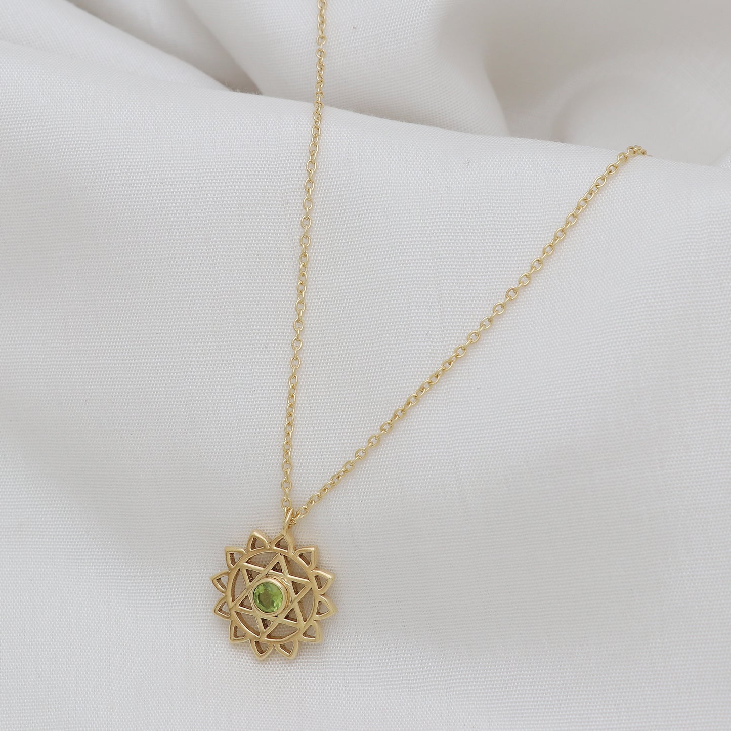 Anahata Heart Chakra Charm necklace with peridot gemstone in 22k gold plated 925 sterling silver