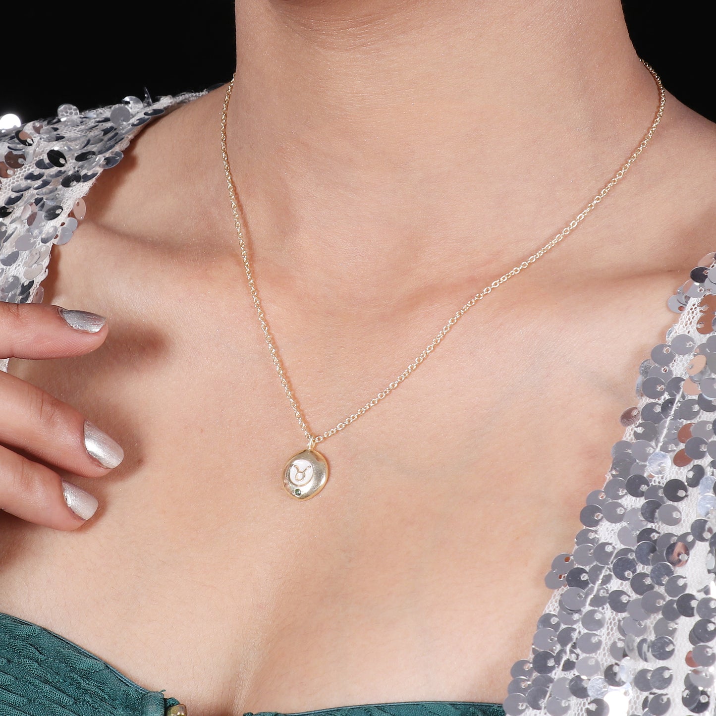 Taurus Zodiac Sign chain necklace with white enamel and Emerald birthstone in 22k gold plated 925 sterling silver
