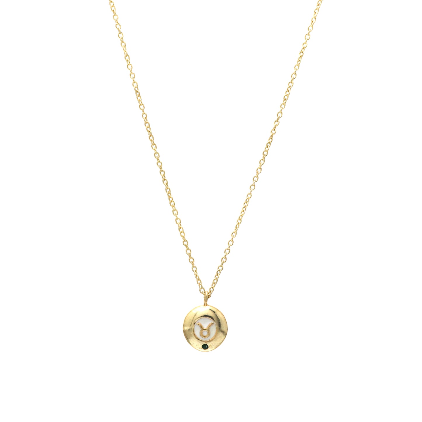 Taurus Zodiac Sign chain necklace with white enamel and Emerald birthstone in 22k gold plated 925 sterling silver