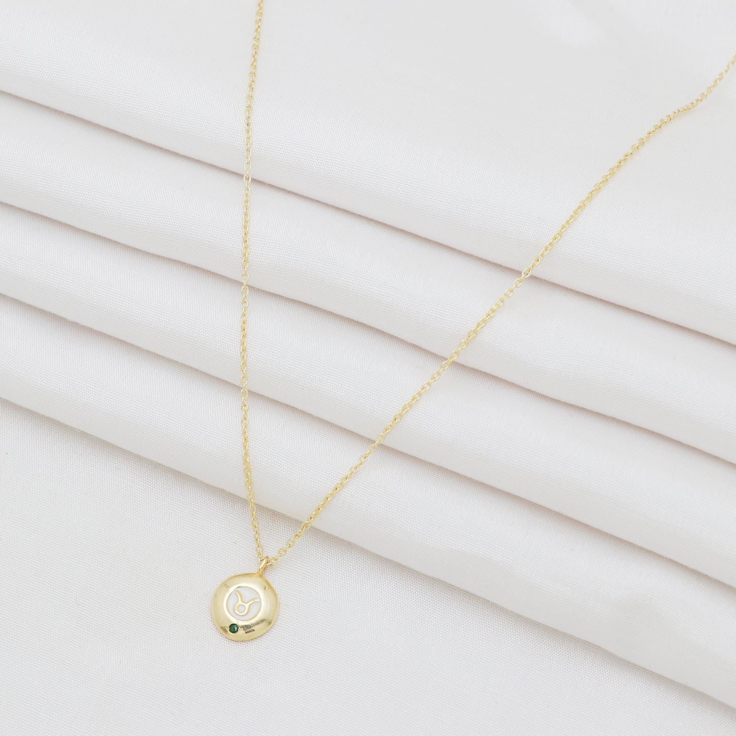 Taurus Zodiac Sign chain necklace with white enamel and Emerald birthstone in 22k gold plated 925 sterling silver