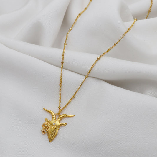 Capricorn Zodiac Sign chain necklace with Sea Goat Symbol charm and Zircon Stones in 22k gold plated 925 sterling silver