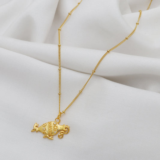 Aquarius Zodiac Sign chain necklace with Water Bearer Symbol charm and Zircon Stones in 22k gold plated 925 sterling silver
