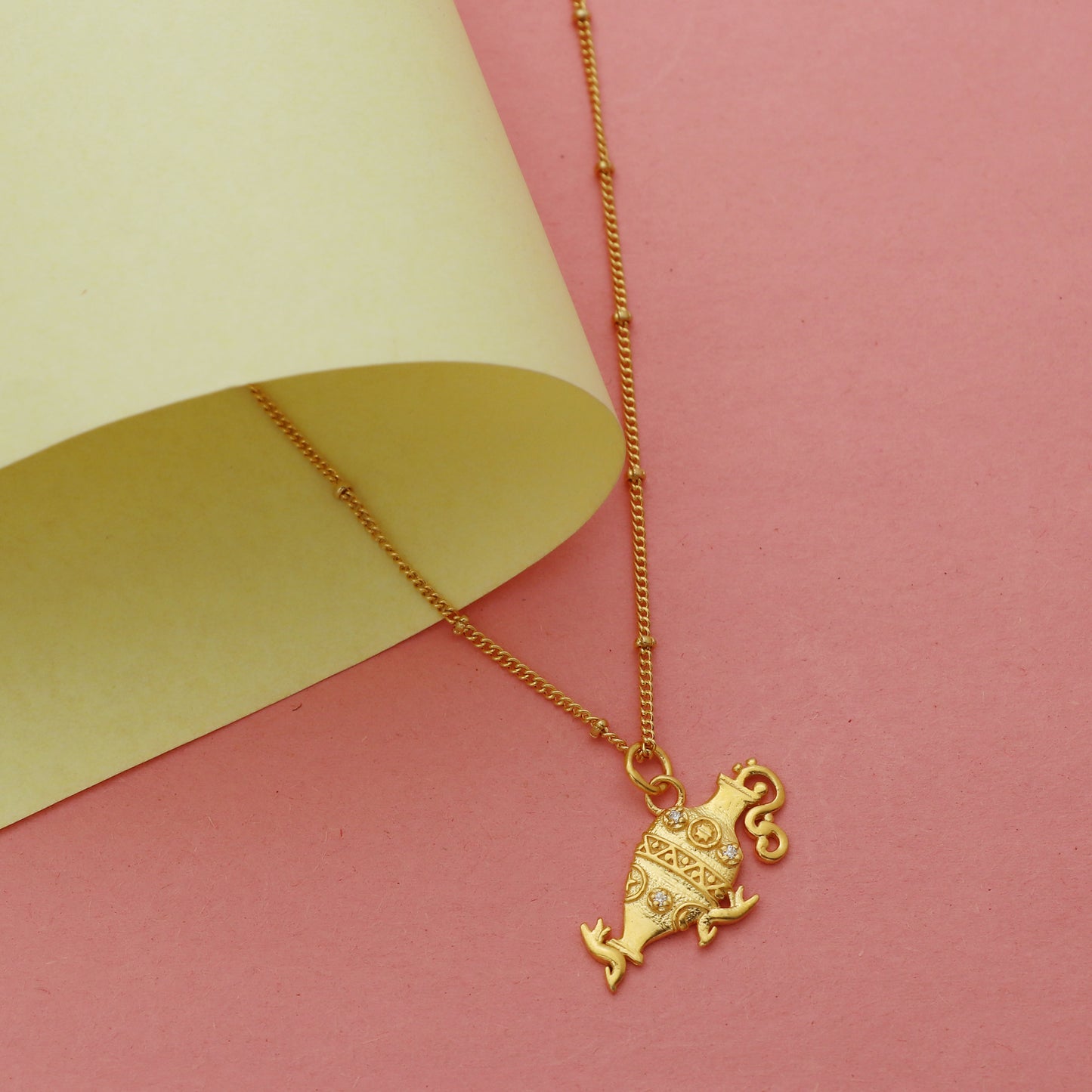 Aquarius Zodiac Sign chain necklace with Water Bearer Symbol charm and Zircon Stones in 22k gold plated 925 sterling silver