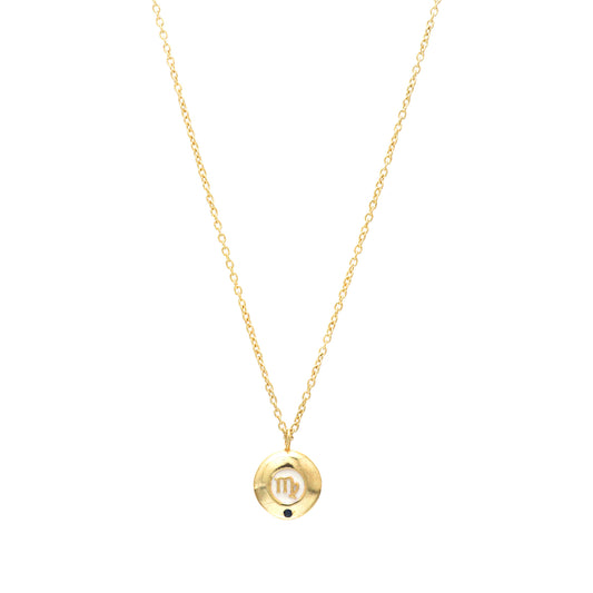 Virgo Zodiac Sign chain necklace with white enamel and Blue Sapphire birthstone in 22k gold plated 925 sterling silver
