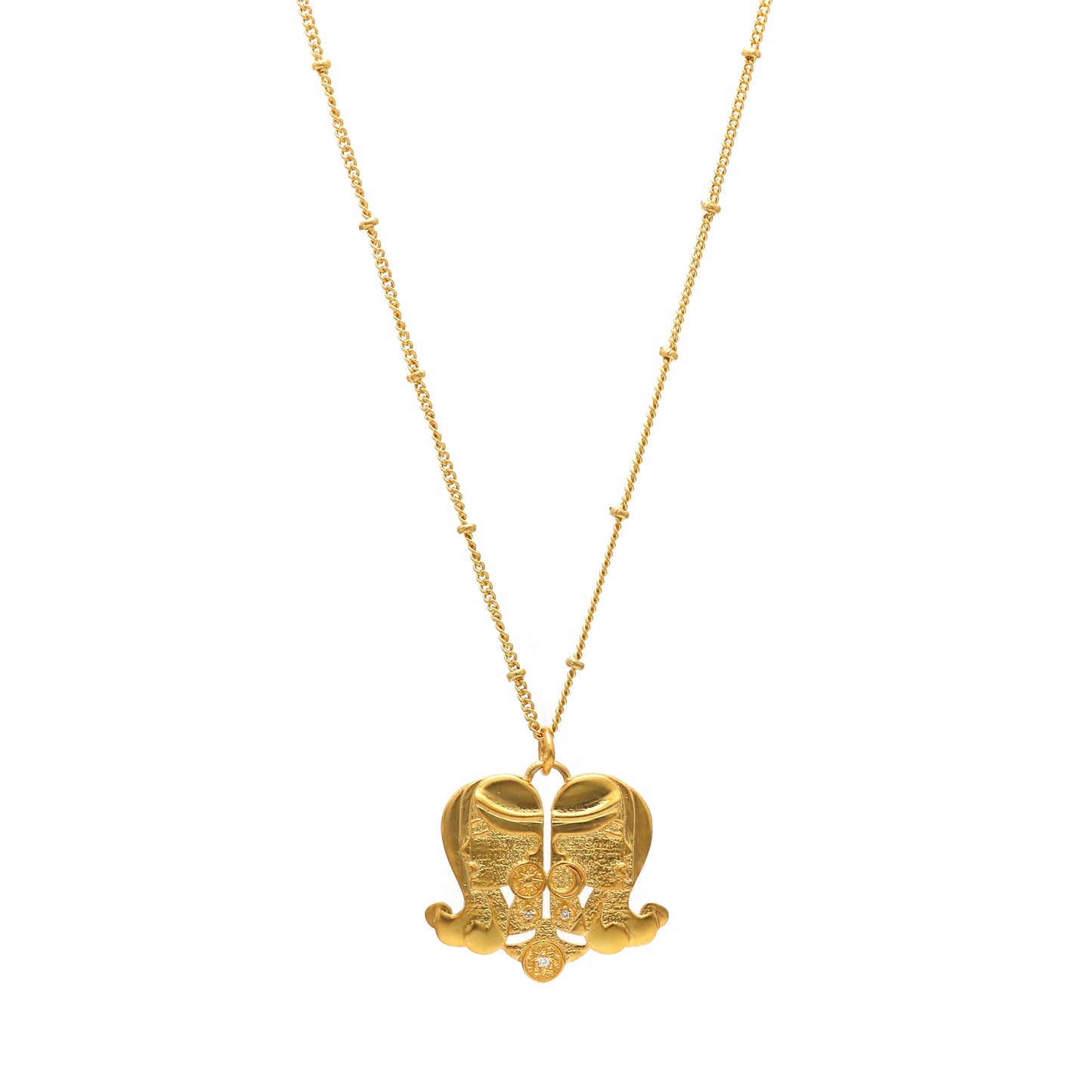 Gemini Zodiac Sign chain necklace with The Twins Symbol charm and Zircon Stones in 22k gold plated 925 sterling silver
