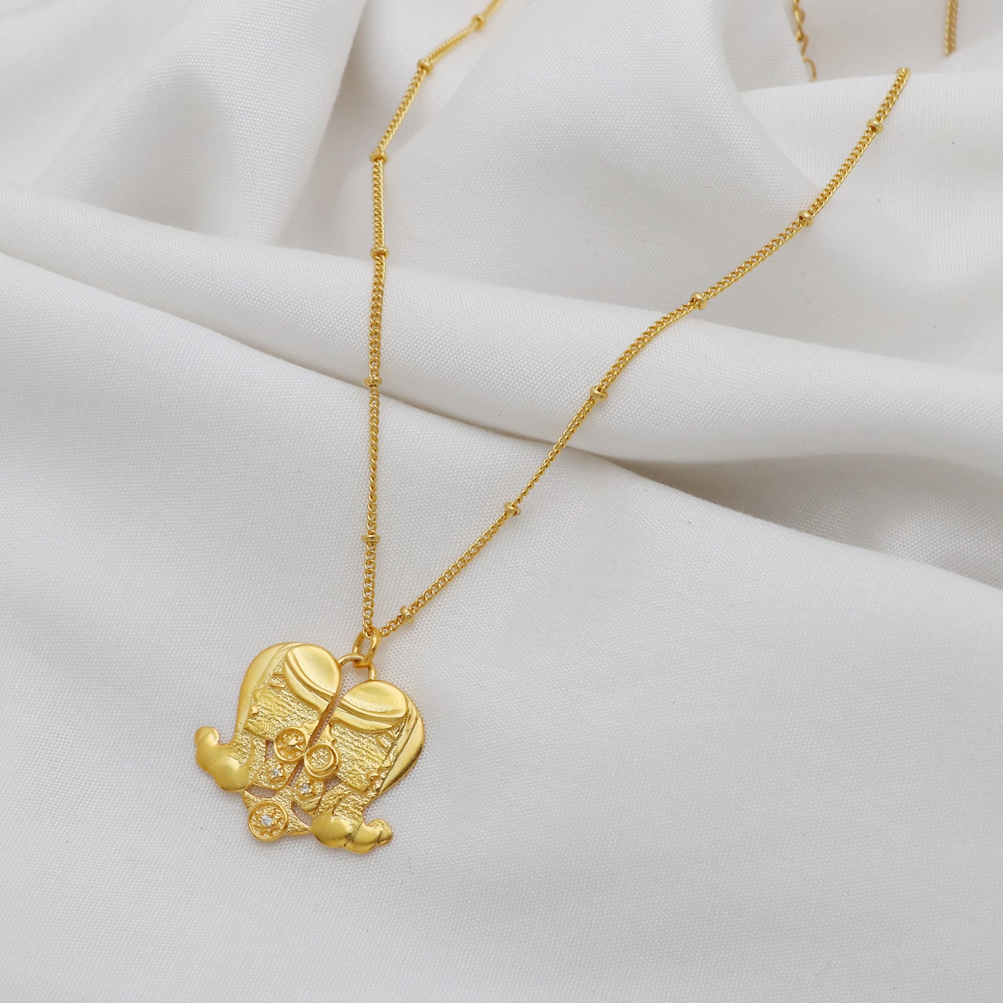 Gemini Zodiac Sign chain necklace with The Twins Symbol charm and Zircon Stones in 22k gold plated 925 sterling silver
