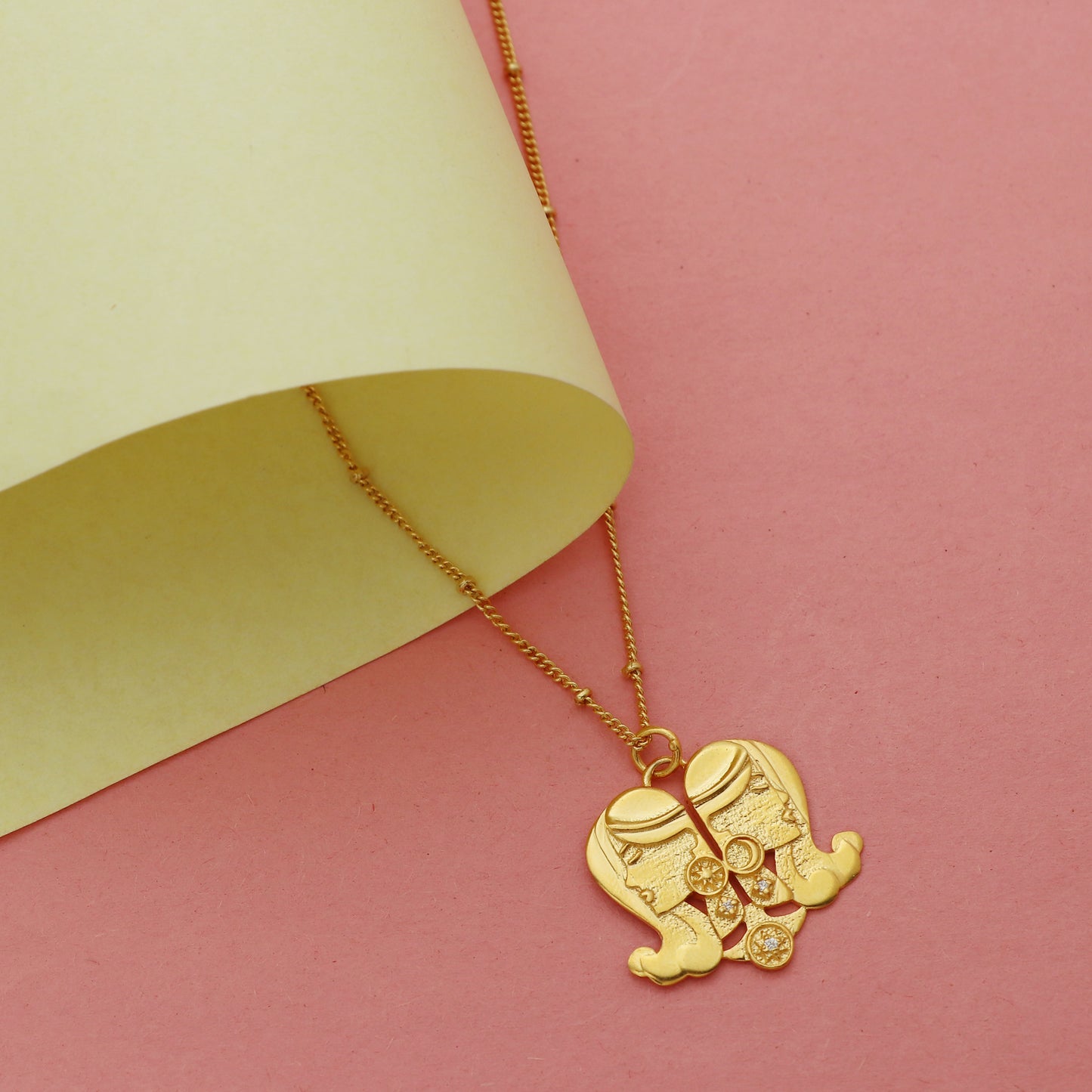 Gemini Zodiac Sign chain necklace with The Twins Symbol charm and Zircon Stones in 22k gold plated 925 sterling silver