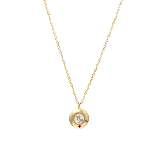 Capricorn Zodiac Sign chain necklace with white enamel and Garnet birthstone in 22k gold plated 925 sterling silver