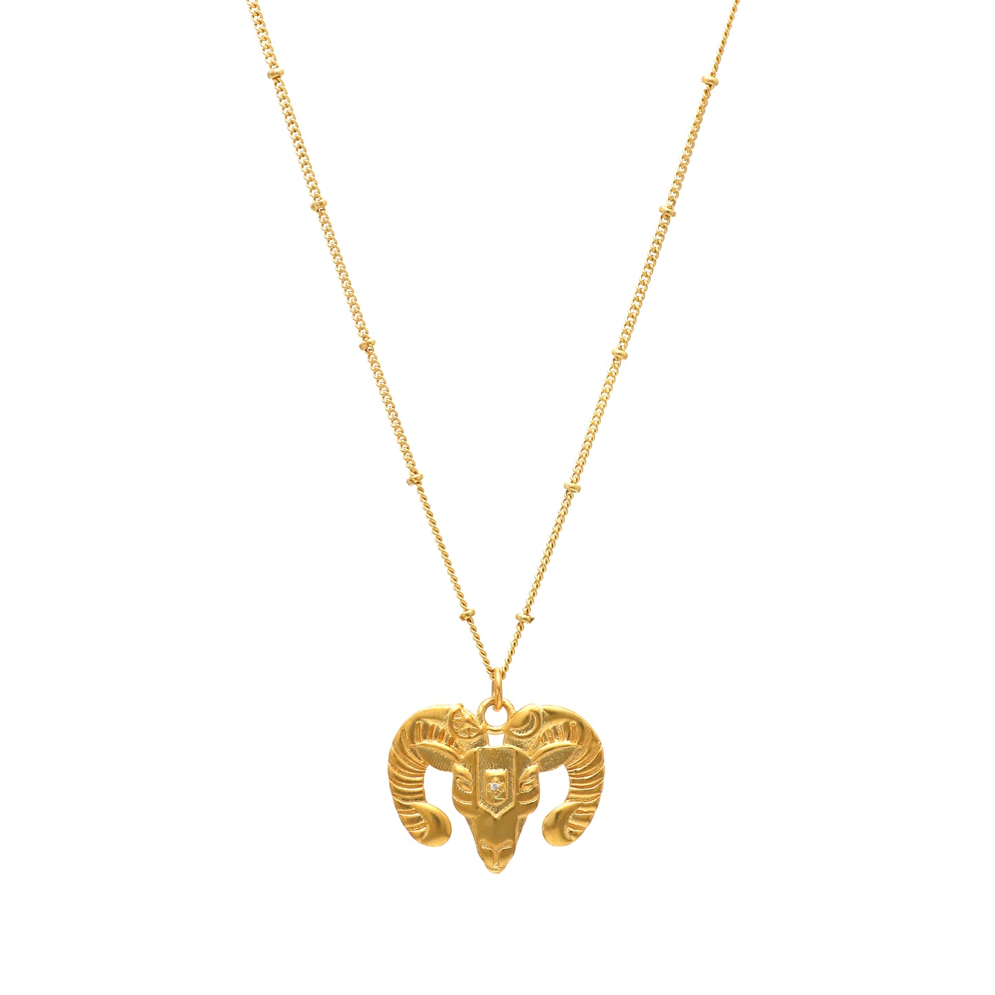Aries Zodiac Sign chain necklace with Ram (Male Sheep) Symbol charm and Zircon Stones in 22k gold plated 925 sterling silver