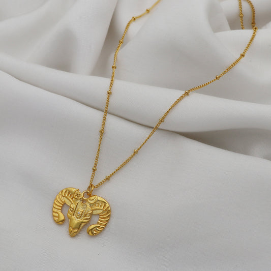 Aries Zodiac Sign chain necklace with Ram (Male Sheep) Symbol charm and Zircon Stones in 22k gold plated 925 sterling silver