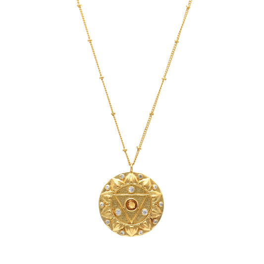 Manipura Solar Plexus Chakra Charm ball chain necklace with Citrine and zircon gemstone in 22k gold plated 925 sterling silver