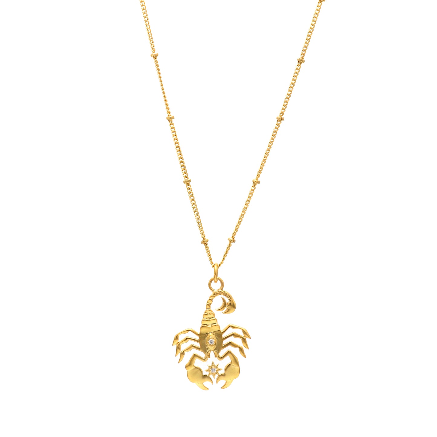 Scorpio Zodiac Sign chain necklace with Scorpion Symbol charm and Zircon Stones in 22k gold plated 925 sterling silver