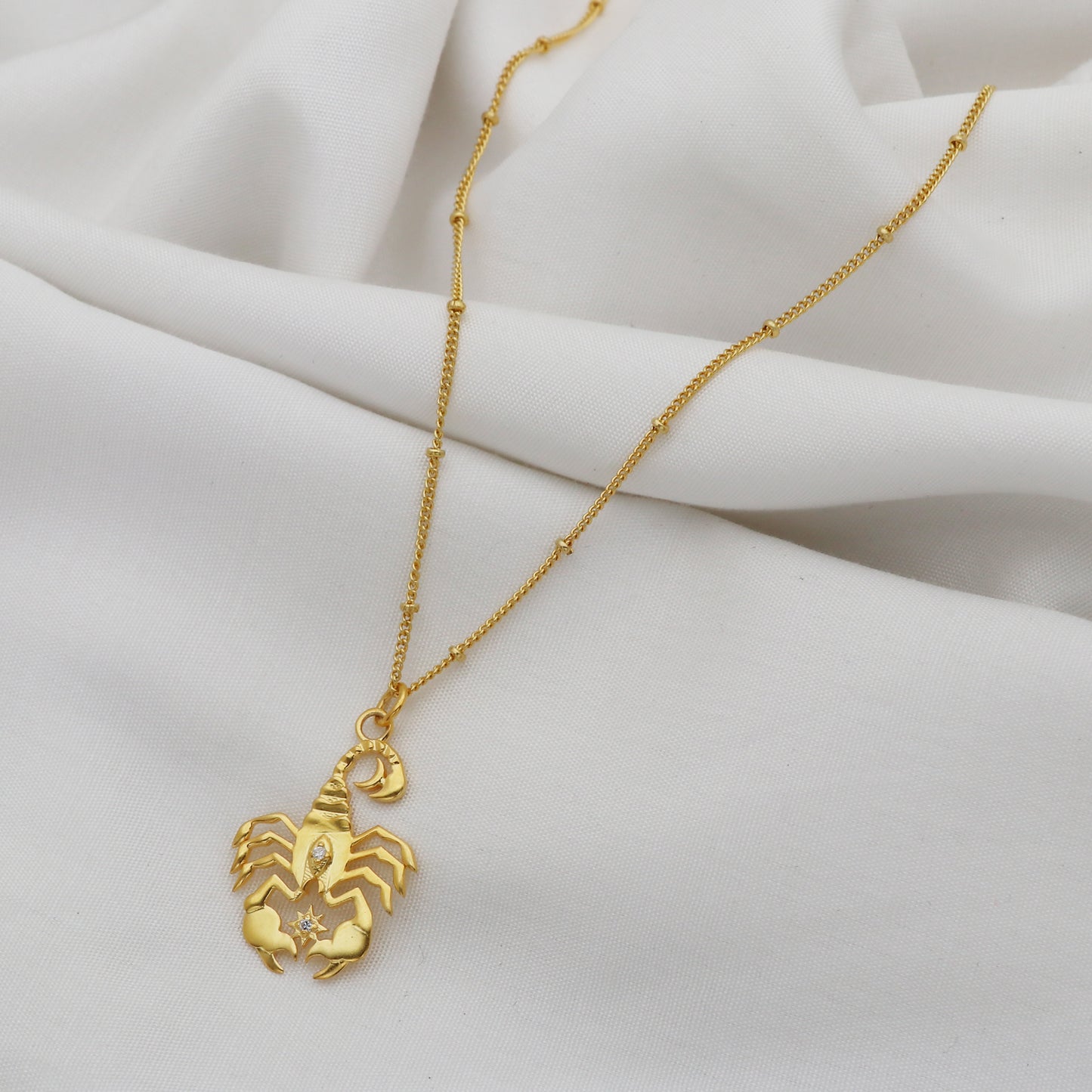 Scorpio Zodiac Sign chain necklace with Scorpion Symbol charm and Zircon Stones in 22k gold plated 925 sterling silver