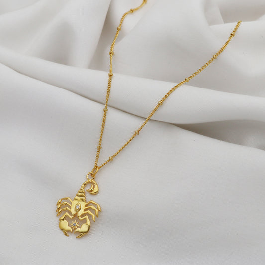 Scorpio Zodiac Sign chain necklace with Scorpion Symbol charm and Zircon Stones in 22k gold plated 925 sterling silver