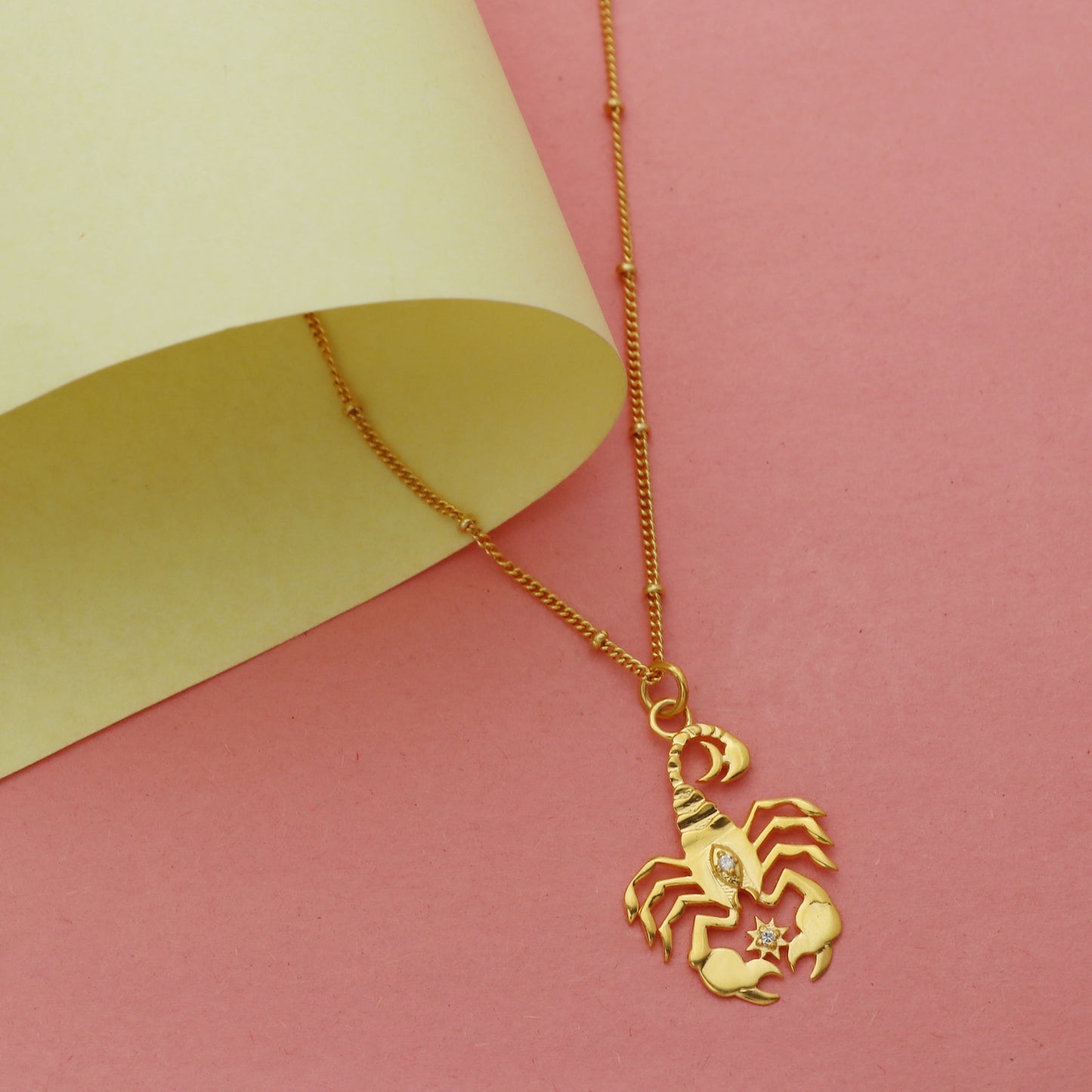 Scorpio Zodiac Sign chain necklace with Scorpion Symbol charm and Zircon Stones in 22k gold plated 925 sterling silver