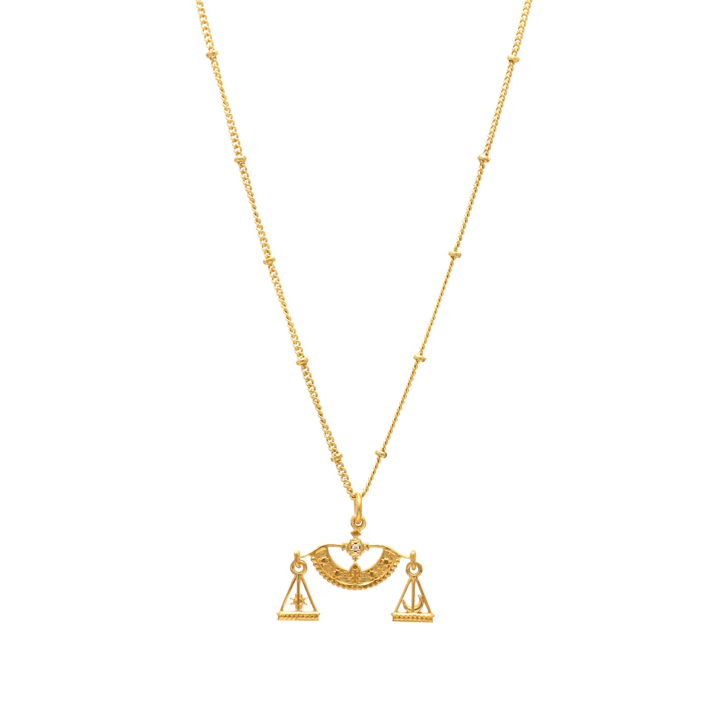 Libra Zodiac Sign chain necklace with Balance Scales Symbol charm and Zircon Stones in 22k gold plated 925 sterling silver