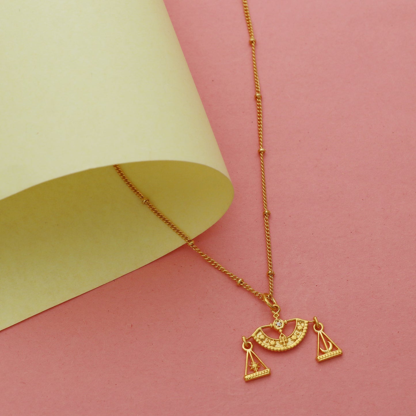 Libra Zodiac Sign chain necklace with Balance Scales Symbol charm and Zircon Stones in 22k gold plated 925 sterling silver