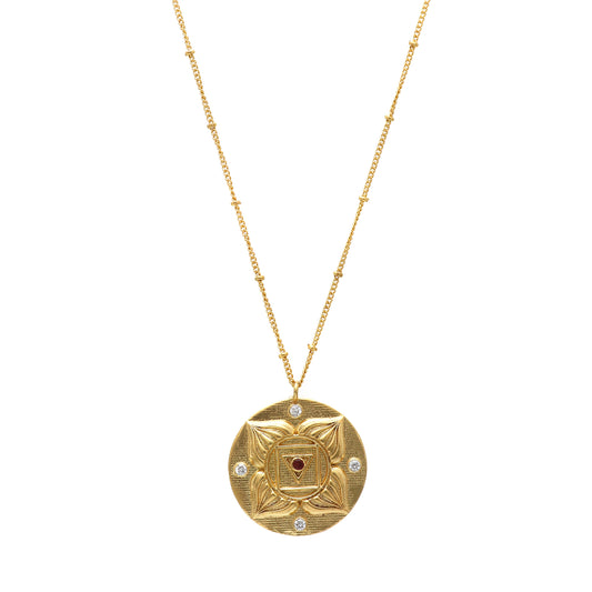 Muladhara Root Chakra Charm ball chain necklace with Garnet and zircon gemstone in 22k gold plated 925 sterling silver