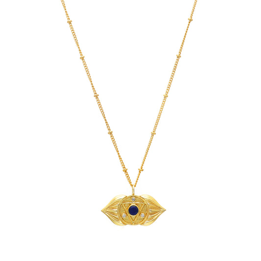 Ajna Third Eye Chakra Charm ball chain necklace with Iolite and zircon gemstone in 22k gold plated 925 sterling silver