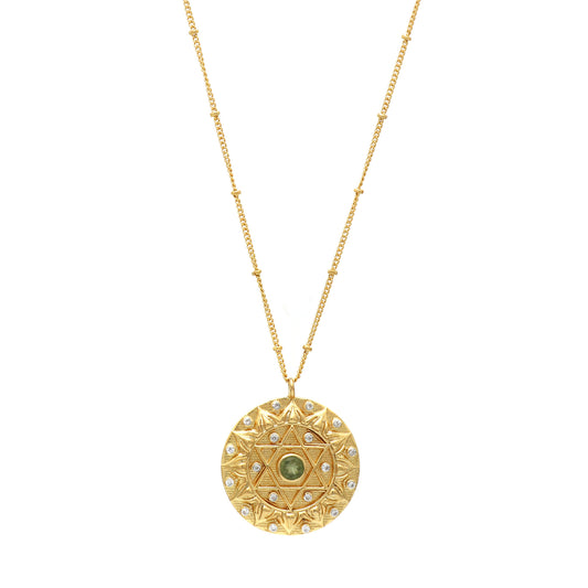 Anahata Heart Chakra Charm ball chain necklace with peridot and zircon gemstones in 22k gold plated 925 sterling silver