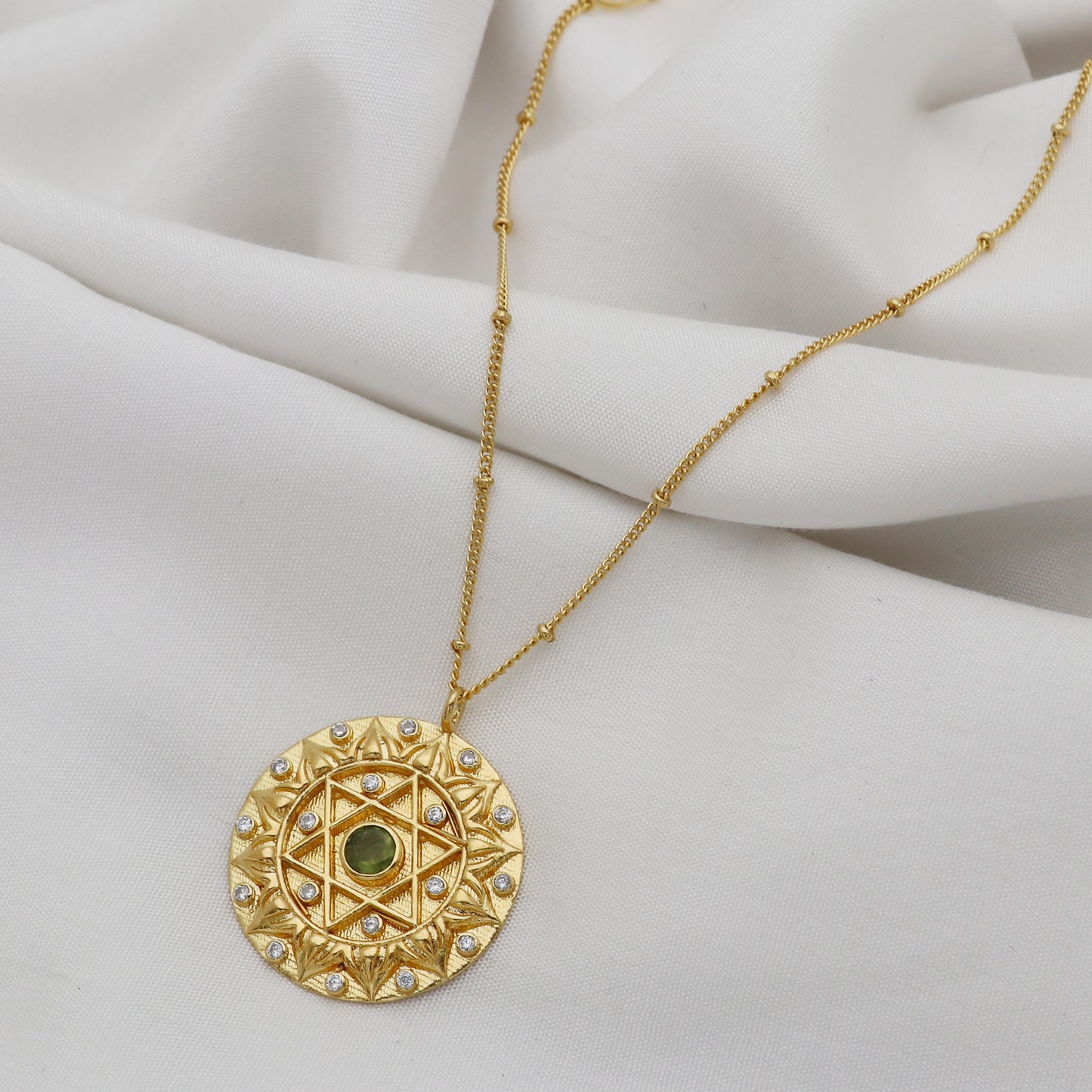 Anahata Heart Chakra Charm ball chain necklace with peridot and zircon gemstones