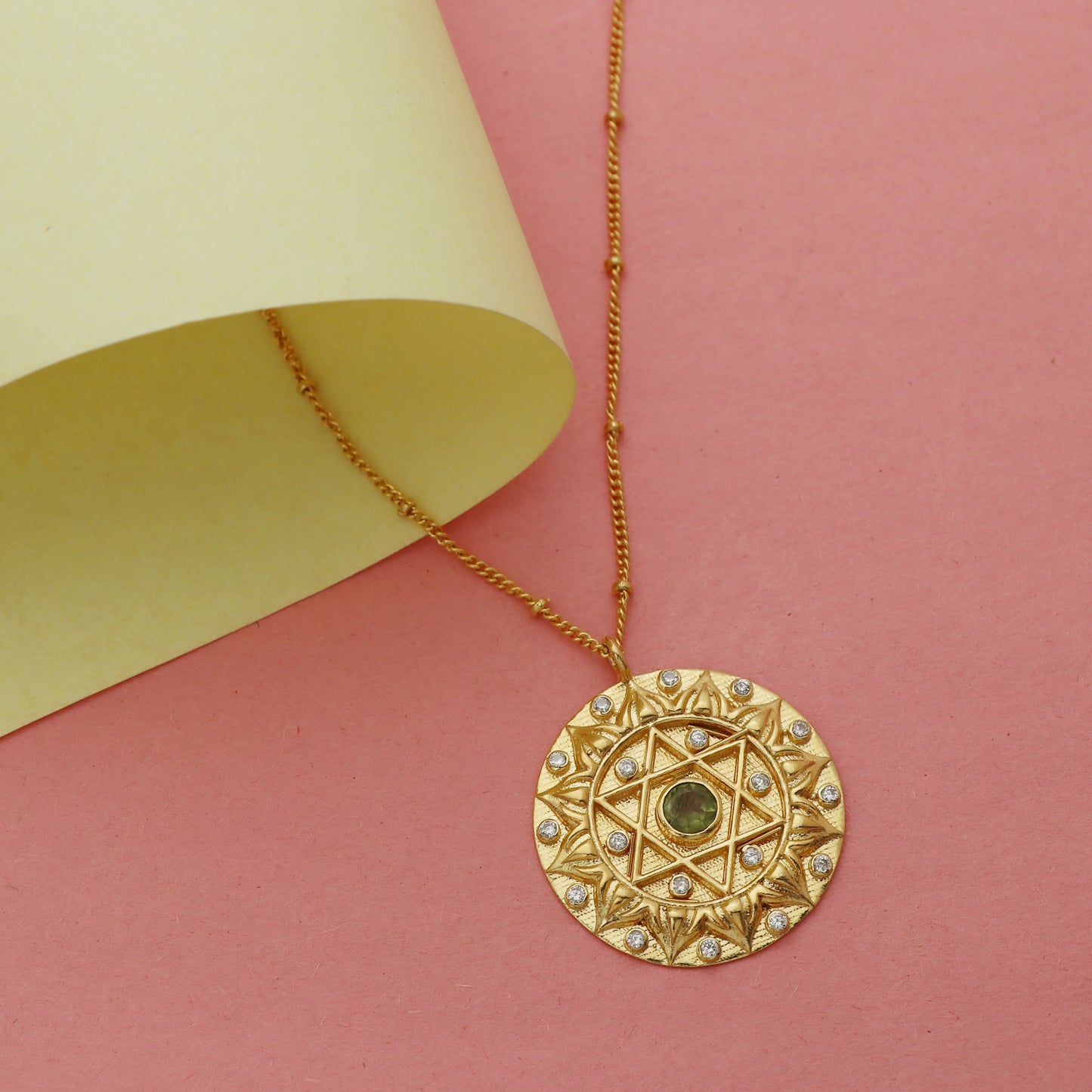Anahata Heart Chakra Charm ball chain necklace with peridot and zircon gemstones