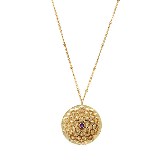 Sahasrara Crown Chakra Charm ball chain necklace with Amethyst gemstone in 22k gold plated 925 sterling silver