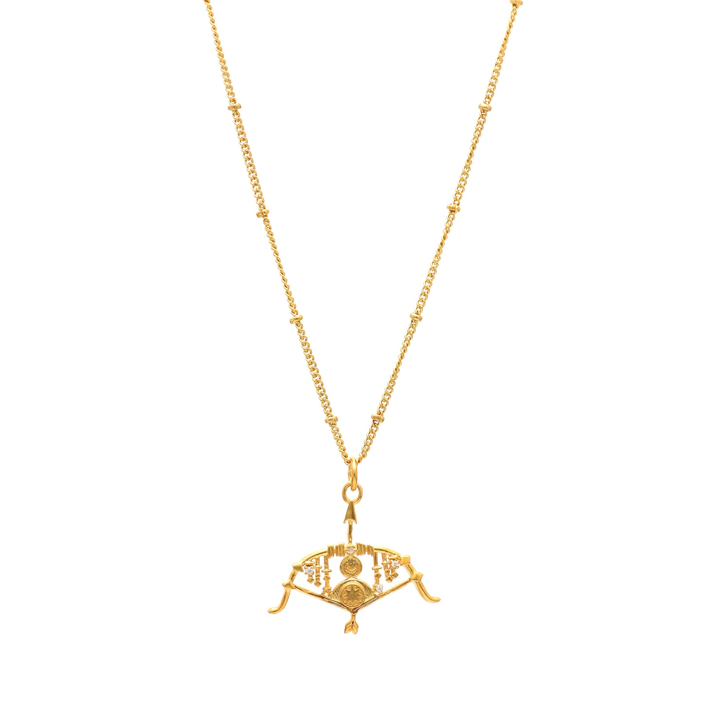Sagittarius Zodiac Sign chain necklace with Bow and Arrow Archer Symbol charm and Zircon Stones in 22k gold plated 925 sterling silver