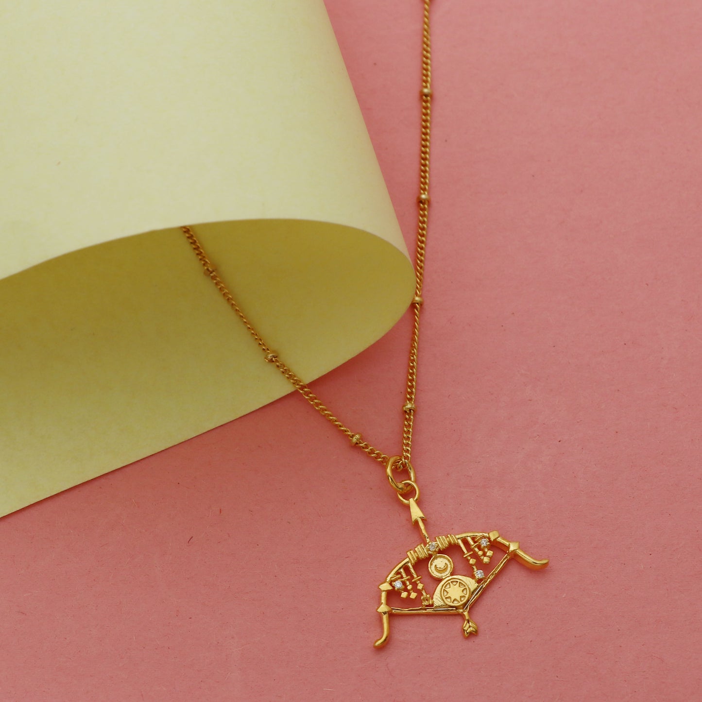Sagittarius Zodiac Sign chain necklace with Bow and Arrow Archer Symbol charm and Zircon Stones in 22k gold plated 925 sterling silver