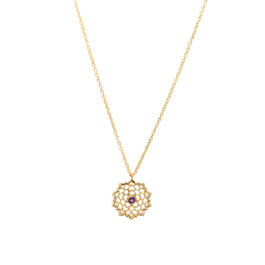Sahasrara Crown Chakra Charm necklace with Amethyst gemstone in 22k gold plated 925 sterling silver