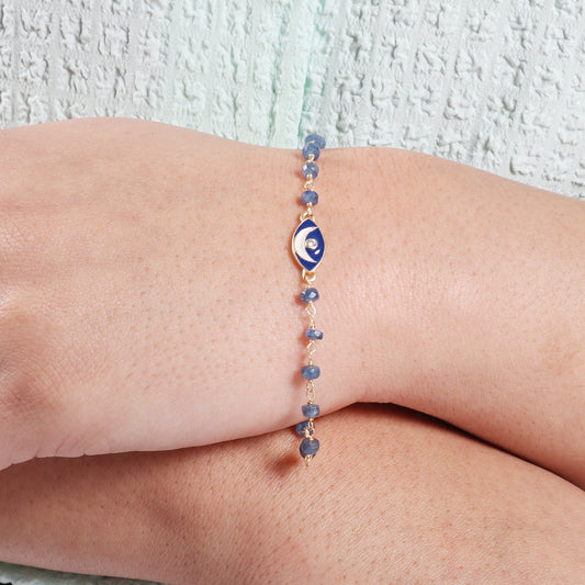 Blue Sapphire moon charm rosary bracelet with blue enamel and zircon stone in gold plated 925 sterling silver