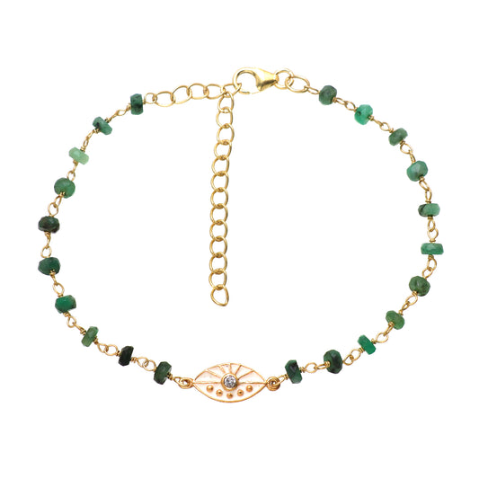 Emerald evil eye charm rosary bracelet with white enamel and zircon stone in gold plated 925 sterling silver