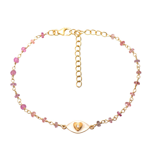 Pink Tourmaline heart charm rosary bracelet with white enamel and zircon stone in gold plated 925 sterling silver