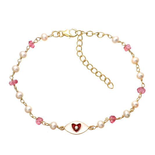 Pearl and pink topaz heart charm rosary bracelet with red and white enamel and zircon stone in gold plated 925 sterling silver