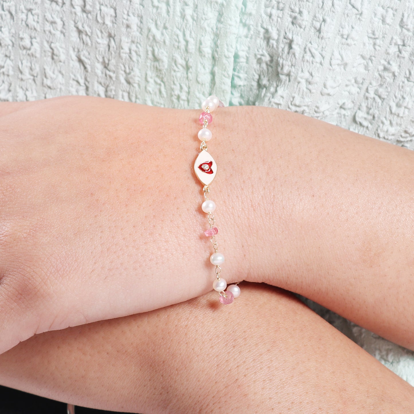 Pearl and pink topaz heart charm rosary bracelet with red and white enamel and zircon stone in gold plated 925 sterling silver