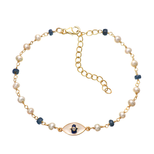 Blue Sapphire and pearl hamsa charm rosary bracelet with blue and white enamel and zircon stone in gold plated 925 sterling silver