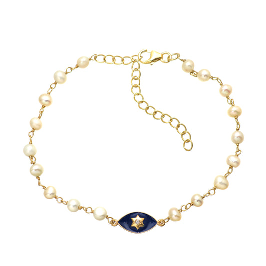Pearl star charm rosary bracelet with blue enamel and zircon stone in gold plated 925 sterling silver