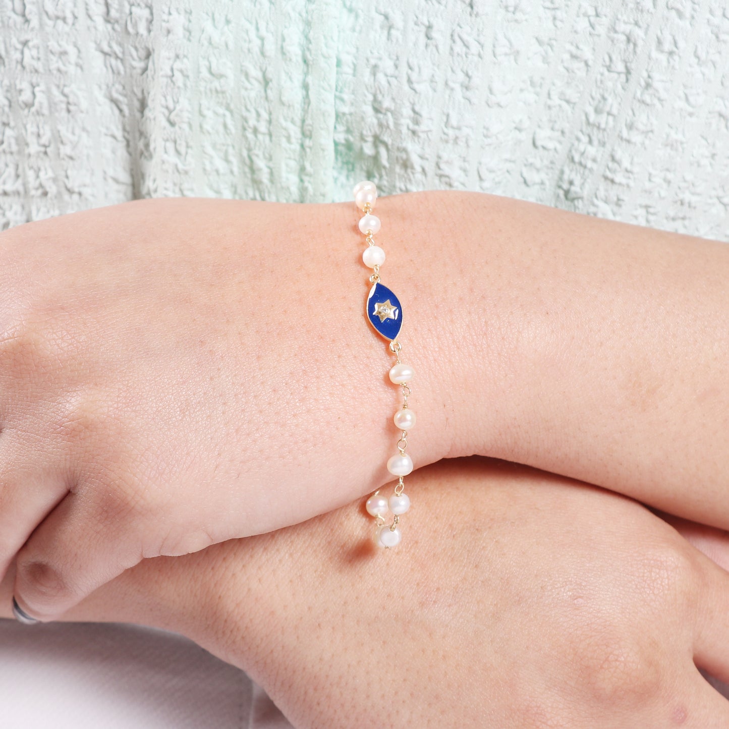 Pearl star charm rosary bracelet with blue enamel and zircon stone in gold plated 925 sterling silver