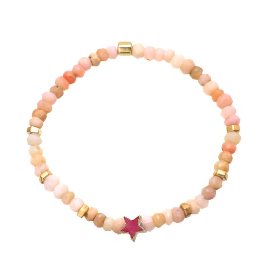 Pink opal star charm stretch bracelet with pink enamel in gold plated 925 sterling silver